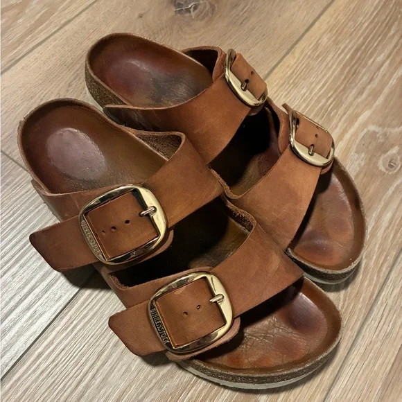 Birkenstock Tan Leather Sandals with Gold Buckles - Picture 7 of 10